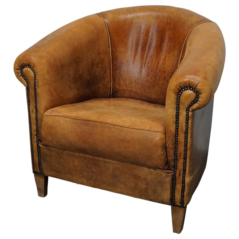 Vintage Cognac Leather Club Chair with Nailhead Trim