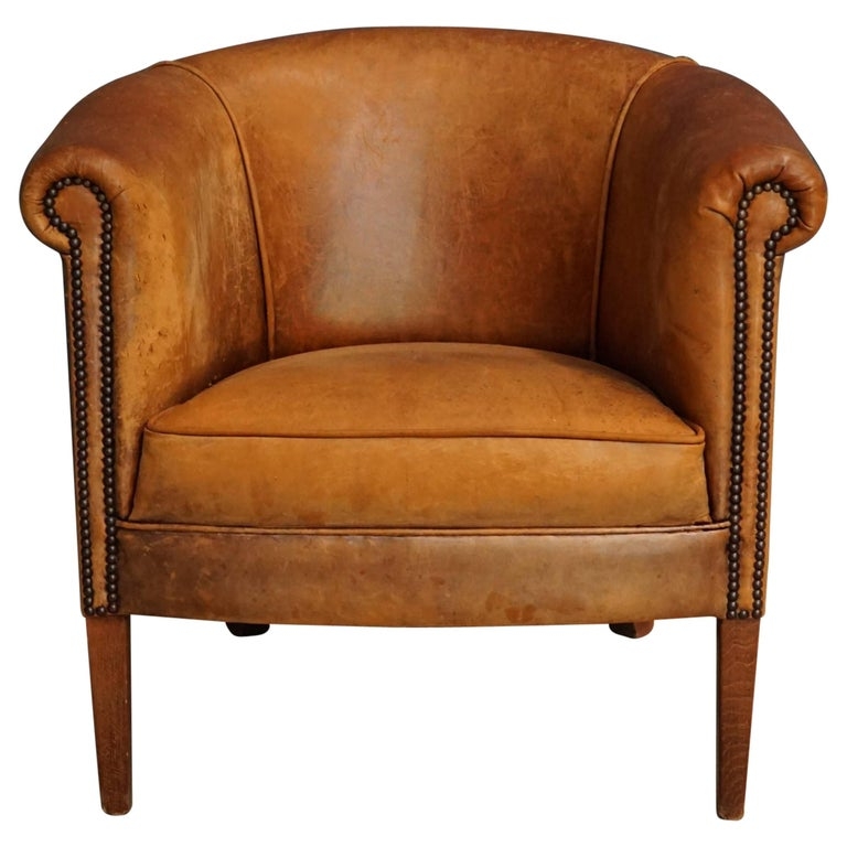 Vintage Cognac Leather Club Chair with Nailhead Trim