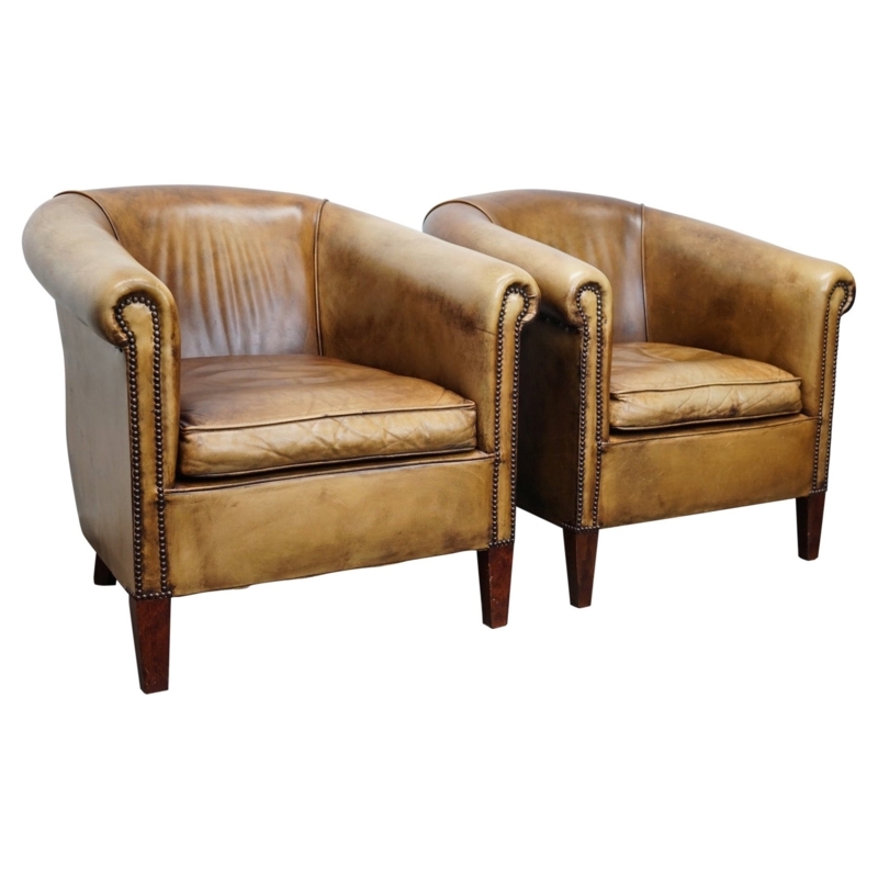 Vintage Cognac Leather Dutch Club Chairs Set
