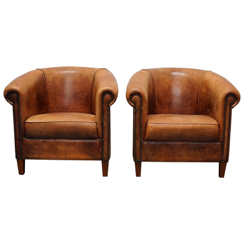 Vintage Dutch Cognac Leather Club Chairs Set