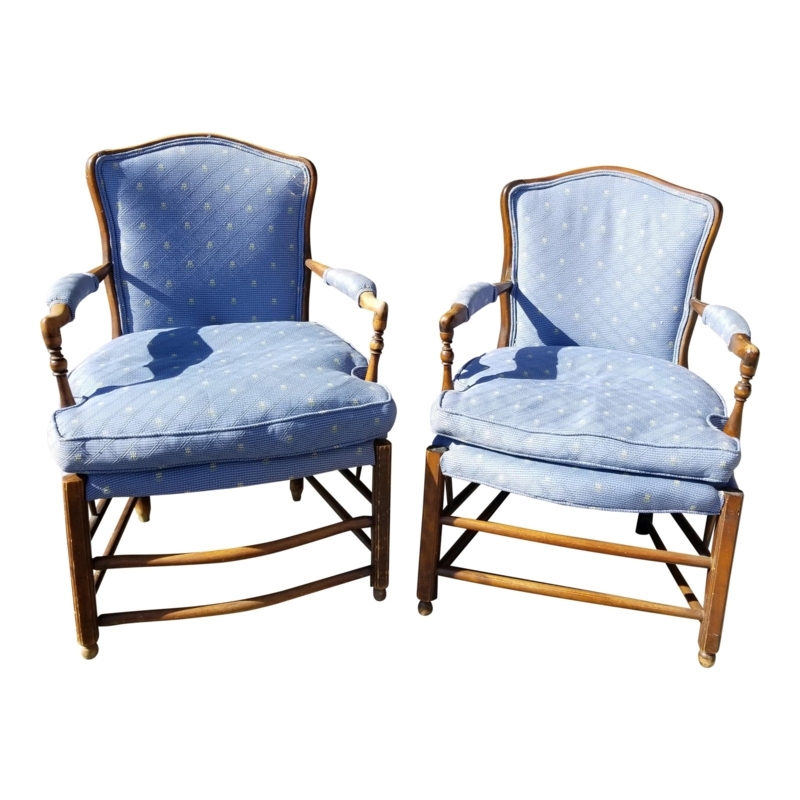 Vintage French Country Blue Upholstered Accent Chairs