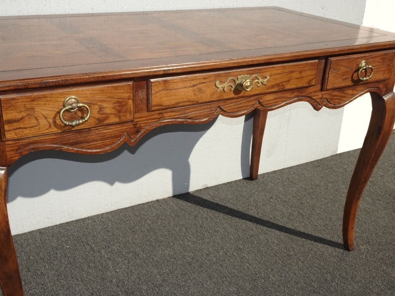Vintage French Country Oak Writing Desk with Brass Handles