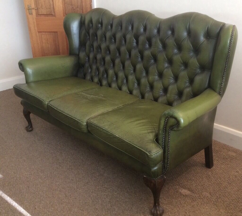 Vintage Green Leather Chesterfield Wingback Sofa
