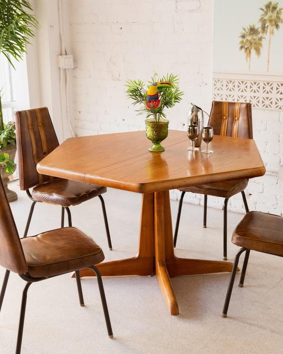 Vintage Hexagon Wooden Dining Table with Leather Chairs