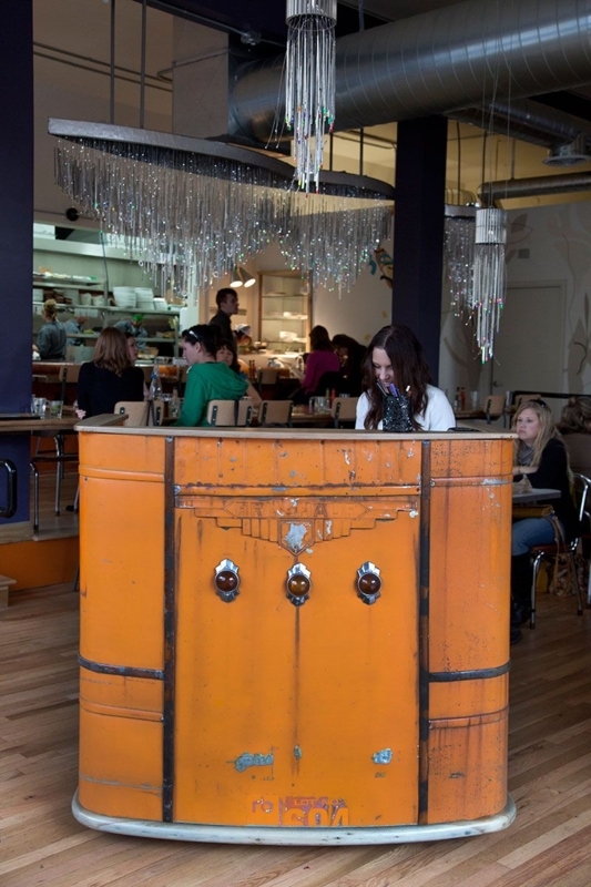 Vintage Industrial Orange Host Stand in Restaurant