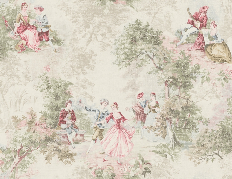 Vintage Pink Toile Wallpaper with Classic Scenic Design