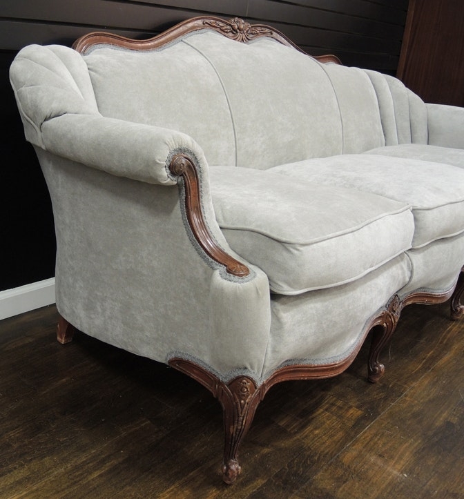 Vintage Queen Anne Sofa with Soft Grey Upholstery