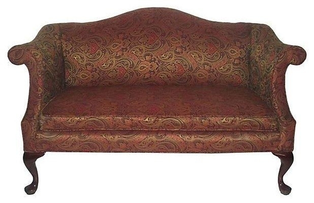 Vintage Queen Anne Style Camelback Sofa with Paisley Upholstery