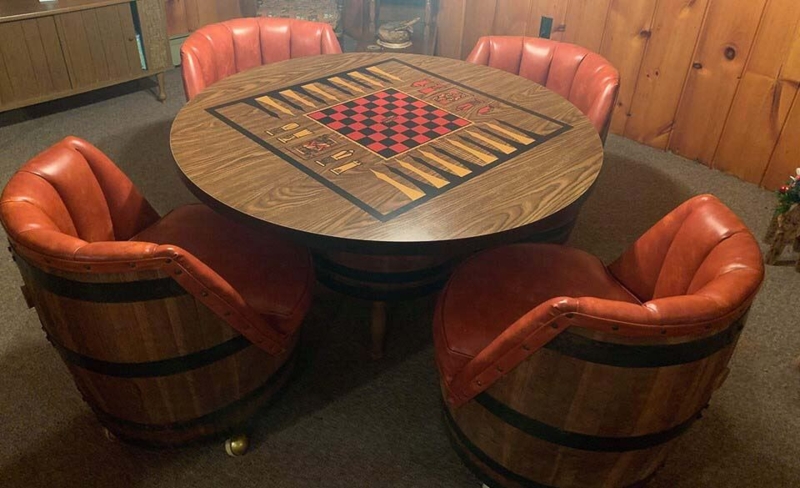 Vintage Whiskey Barrel Game Table with Leather Chairs