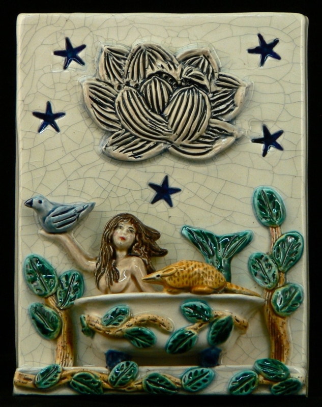 Whimsical Ceramic Art Tile Featuring Mermaid and Armadillo