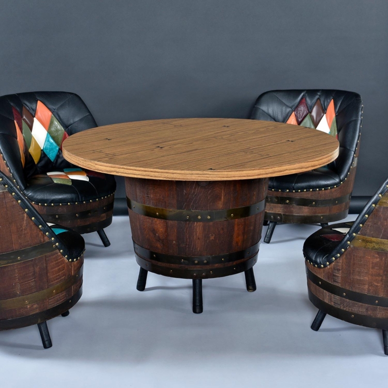 Whiskey Barrel Gaming Table with Colorful Swivel Chairs