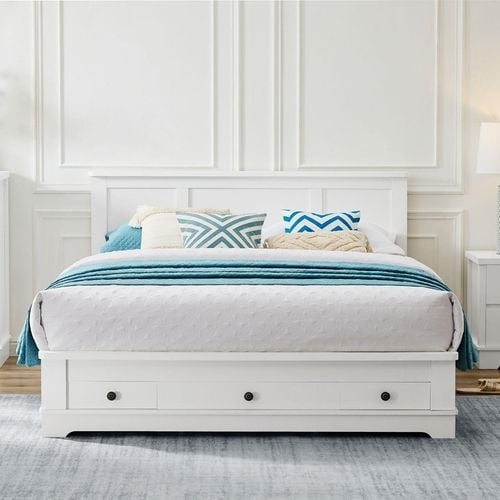 White Coastal Style Bed Frame with Storage Drawers