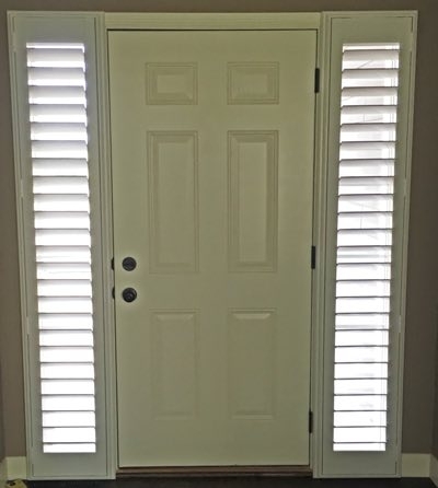 White Entryway Door with Sidelight Plantation Shutters