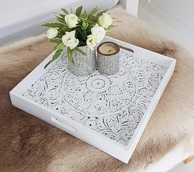 White Floral Patterned Decorative Serving Tray