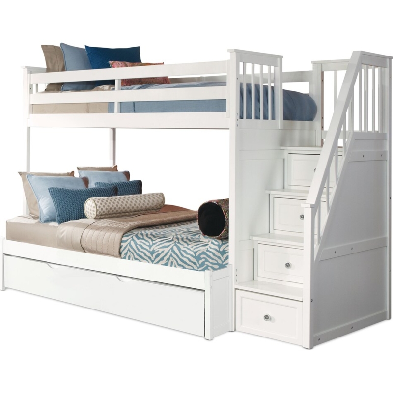 White Flynn Twin Over Full Trundle Bunk Bed with Storage Stairs