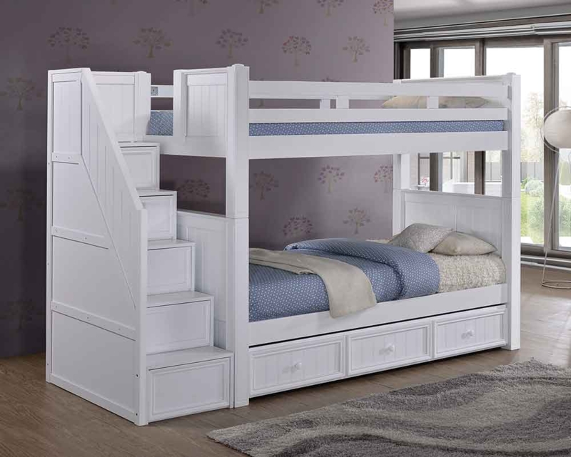White Kids Bunk Bed with Storage Staircase