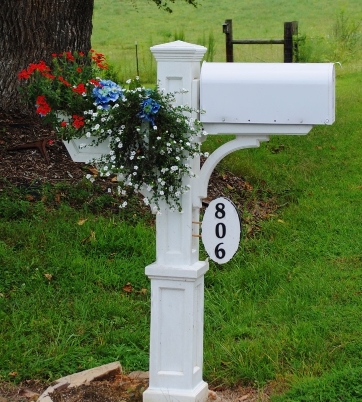White Mailbox Post with Decorative Flower Box