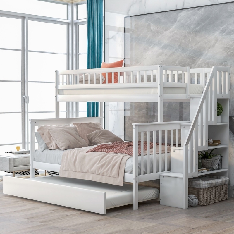 White Twin Over Full Bunk Bed with Stair Storage