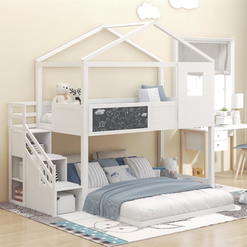 White Twin Over Full Kids Bunk Bed with Stairs