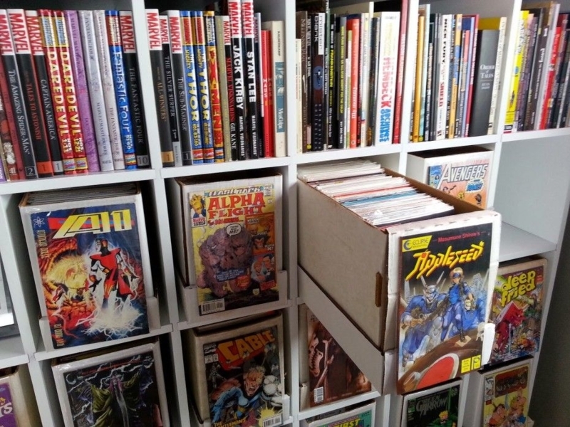 White Wooden Comic Book Shelving with Display Boxes