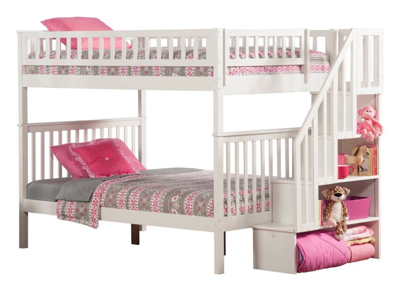 White Wooden Staircase Bunk Bed with Storage Shelves