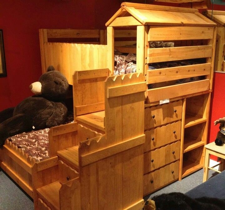 Wooden Loft Bed with Storage and Playhouse Design