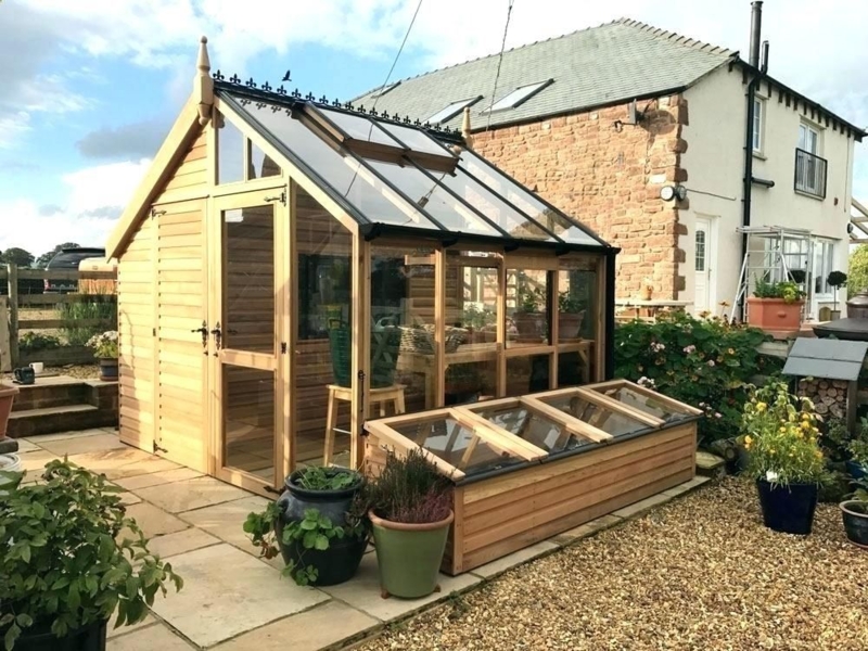 Wooden Shed with Attached Glass Greenhouse