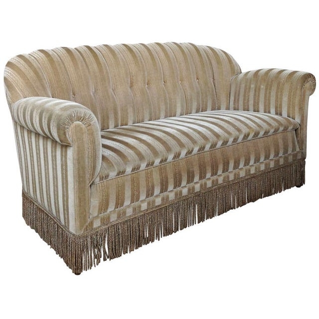1930s Vintage Fringe Mohair Sofa with Striped Upholstery