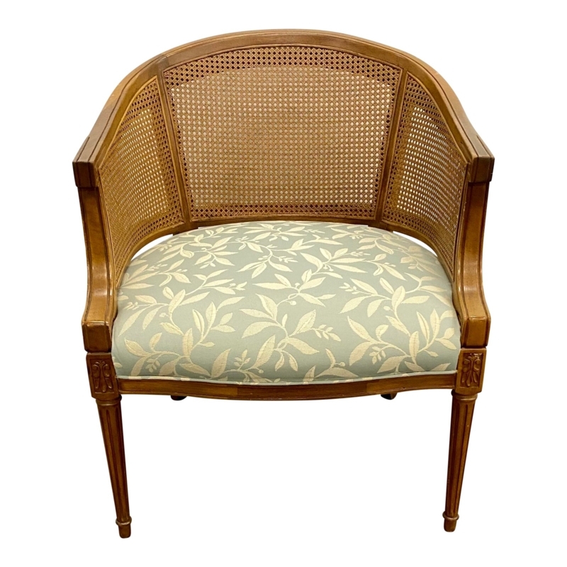 1970s Vintage Cane Back Barrel Chair with Floral Cushion