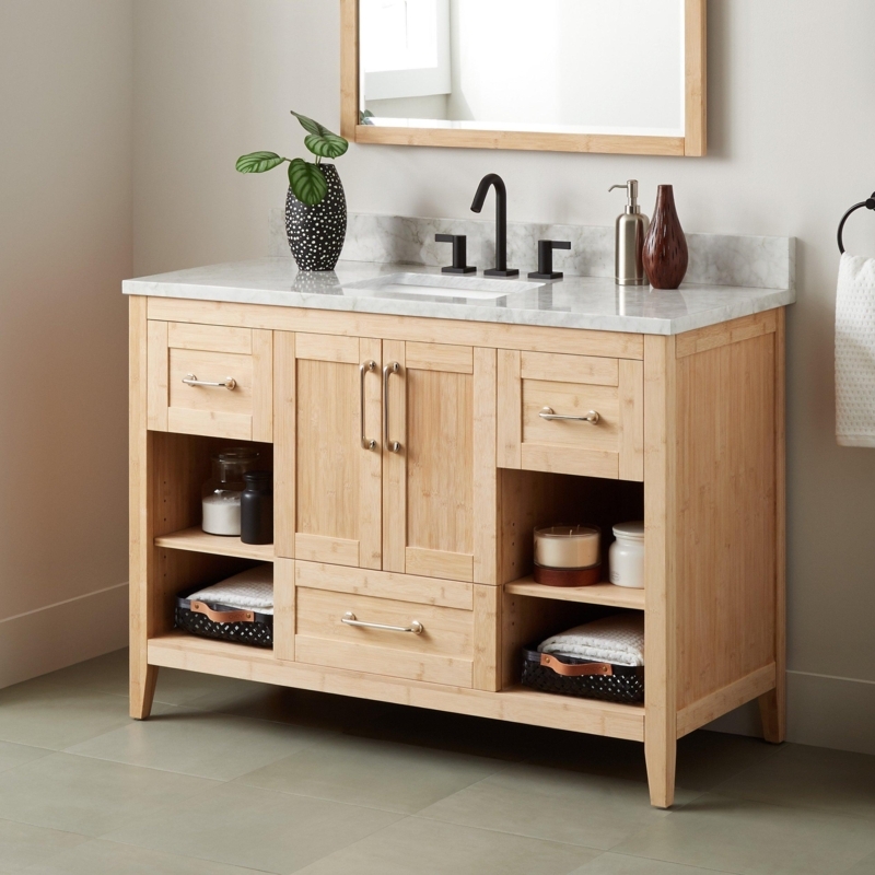 48-Inch Natural Bamboo Bathroom Vanity with Marble Top