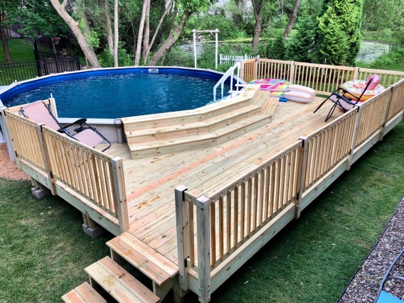 Above-Ground Pool Deck with Multi-Level Wood Design