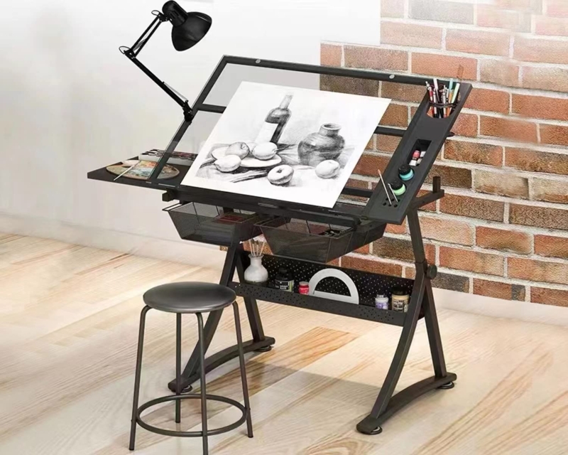Adjustable Glass Drafting Table with Storage