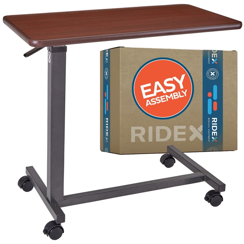 Adjustable Mobile Overbed Table with Wooden Top