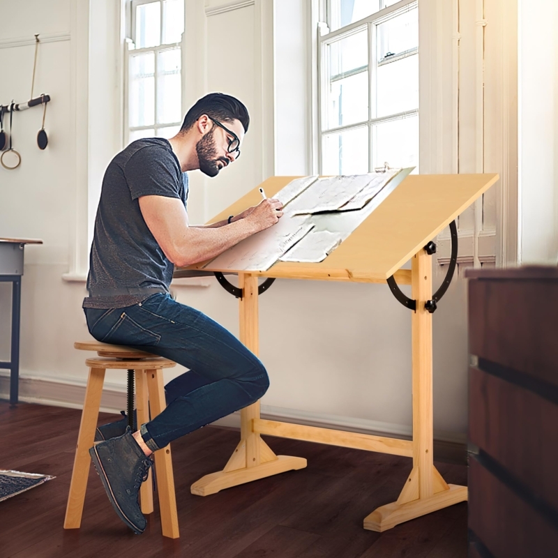 Adjustable Wooden Drafting Table with Stool in Bright Room