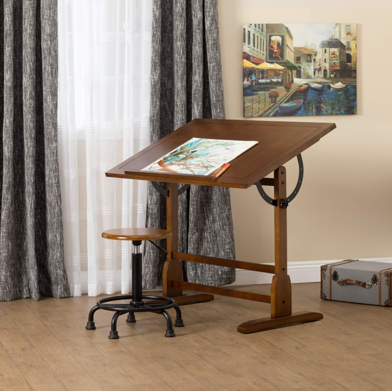 Adjustable Wooden Drafting Table with Stool