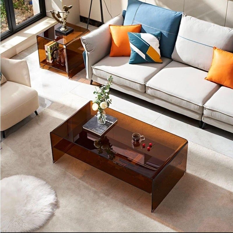 Amber Color Long Waterfall Coffee Table | Glass table living room ...