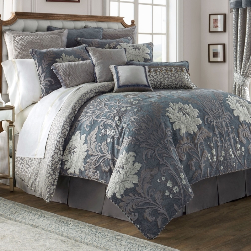 Ansonia Floral Blue Gray Luxury Comforter Bedding Set
