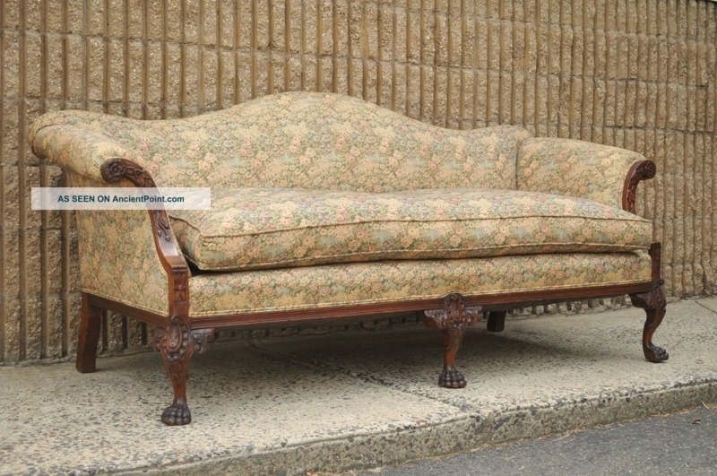 Antique Floral Upholstered Vintage Sofa with Carved Wood