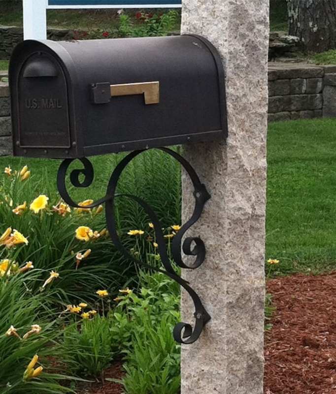 Antique Granite Mailbox Post with Wrought Iron Bracket