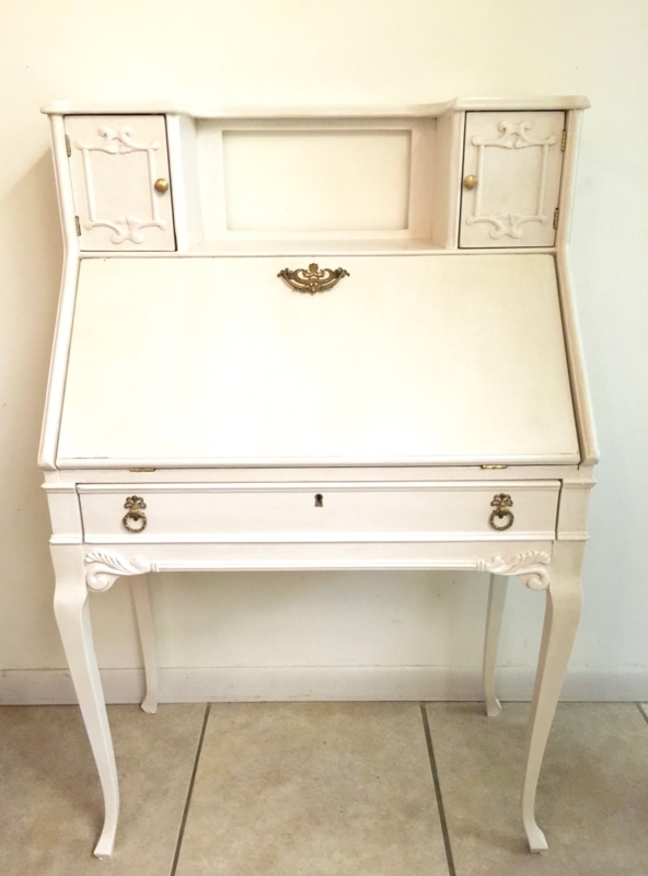 Antique White Vintage Secretary Desk with Carved Details