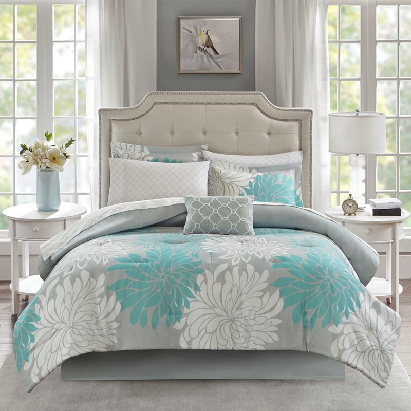 Aqua Blue Grey White Floral Comforter Bedroom