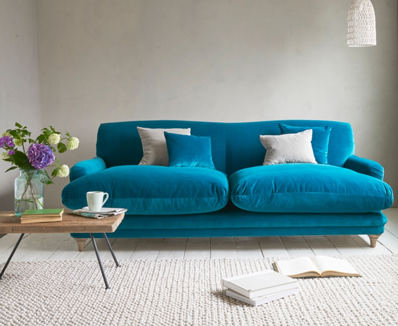 Aqua Blue Velvet Sofa in Modern Living Room