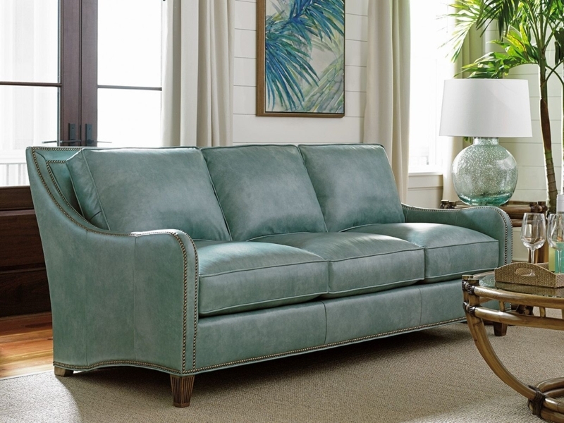 Aqua Leather Sofa with Nailhead Trim Detailing