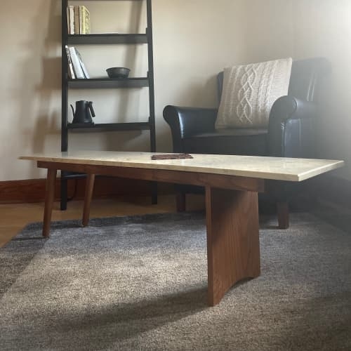 Asymmetrical Marble and Wood Coffee Table