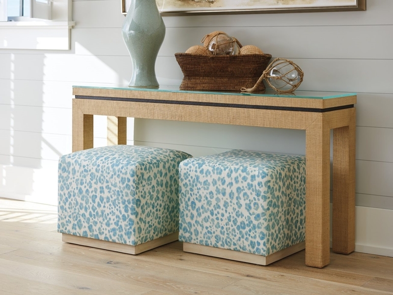 Barclay Butera Sandstone Console Table with Patterned Ottomans