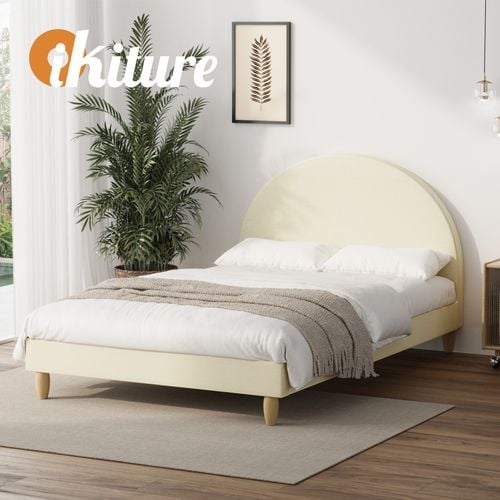 Beige Fabric King Single Bed Frame with Arched Headboard