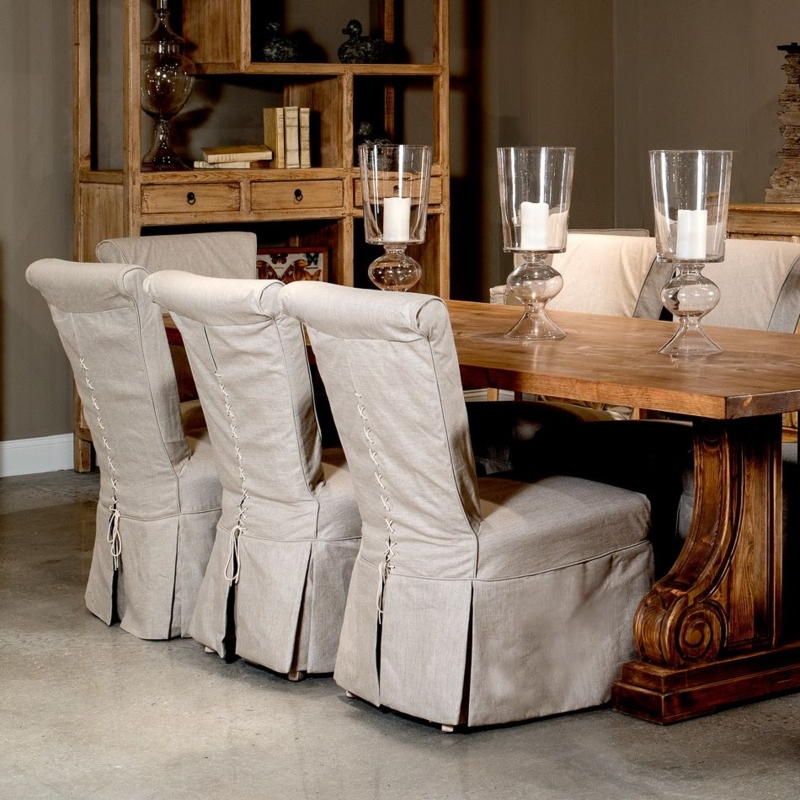 Beige Natural Linen Upholstered Dining Chairs with Skirt