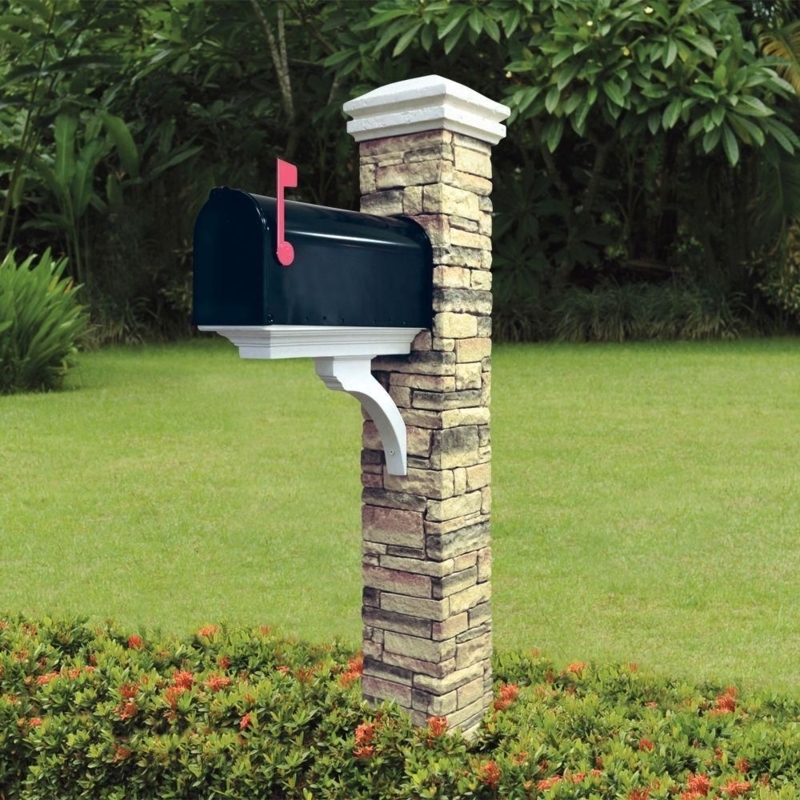 Beige Stacked Stone Mailbox Post with Curved Cap