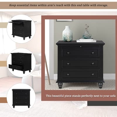 Black 3-Drawer Storage Bedside Cabinet with Tray