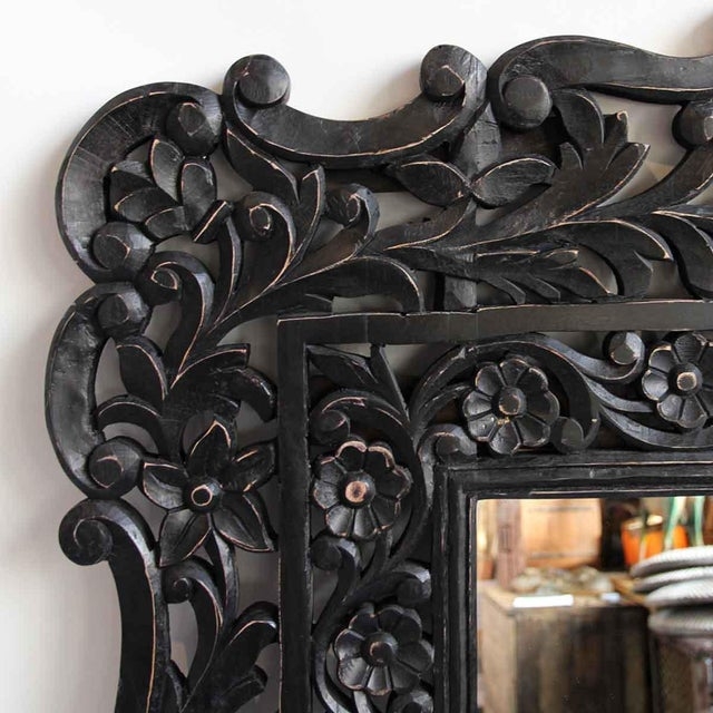 Black Floral Carved Wood Mirror | Chairish